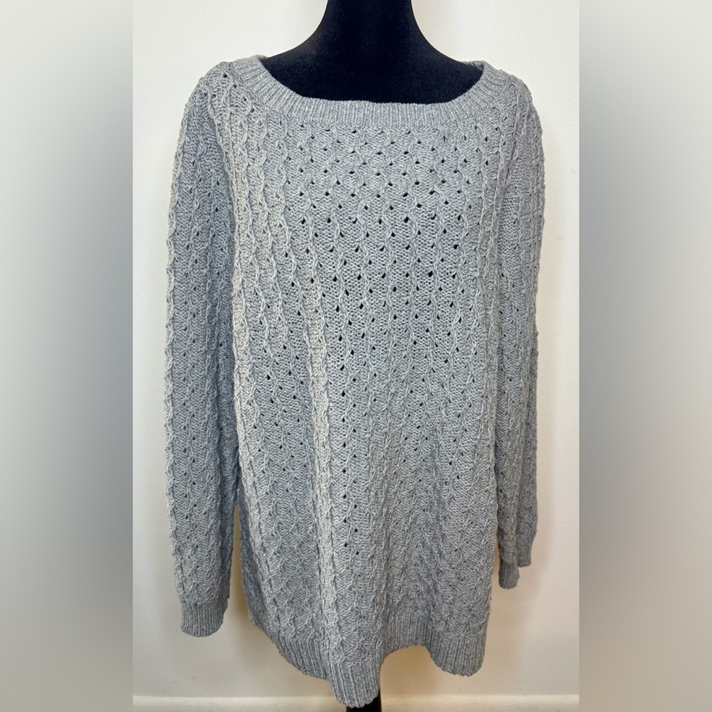 Talbots women’s light Gray open knit split hem, classic preppy sweater  XL EUC